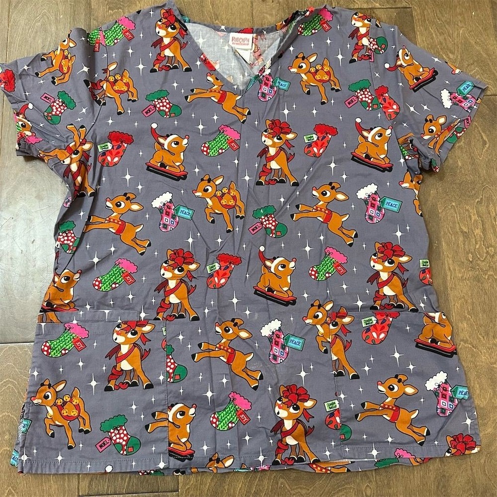 Rudolph Christmas Scrub Top‎ Unisex L Multicolor V-Neck Short Sleeve